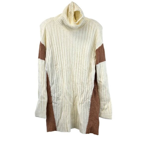 Doe & Rae Womens Turtleneck Sweater Cream/Brown Ribbed Size Small Long Sleeve - Picture 1 of 8